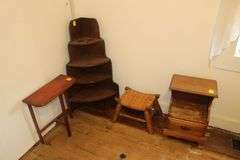 End Table, Single Drawer End Table, Corner Shelf, and Wicker Stool
