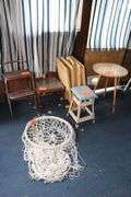 (4) TV Dinner Trays and Stand, Glass Top End Table, Step Stool, Metal Bottom Cushioned Stool, and Hanging Basket
