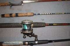 Garcia 5500 Rod and Reel, (3) Shimano Rods and Reels, and (2) Fishing Rods