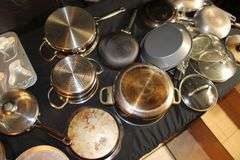 Farberware Skillets, Cuisinart Stainless Pots with Lids, Baking Pans, Metal Strainer, and Pyrex Baking Dish Carrier