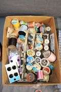 Sewing Thread, Gorilla Glue, Plastic Bolt Bin, Buttons, Table Cloths, Sewing Machine Parts, Gift Tags, and Misc.