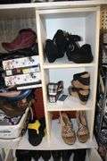Womens Dress Shoes, Boots, and Misc. Women's Shoes, and (4) Wooden Cabinets