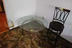 Circular Glass Top Coffee Table, Glass Top Side Table, and High Back Swivel Barstool