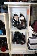 Womens Dress Shoes, Boots, and Misc. Women's Shoes, and (4) Wooden Cabinets