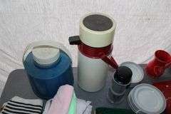Glass Vases, Hot Plates, Hand Towels, Cookie Jar, Percolator, Bristol Cups, Plates, Saucers, Bowls, and Misc.