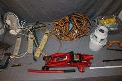 (4) Power Strips, Pittsburgh 2 Ton Jack, Jumper Cables, Electrical Cords, Fan, C-Clamp, Zip Ties, Tire Tool, and Misc.