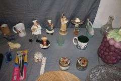 Grape Cookie Jar, Cast Iron Chicken, Deer Statue, Glass Display Frame, Vase, Figurines, and Misc.