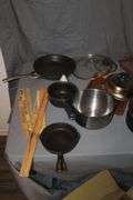 6.5 Inch Number 3 Cast Iron Skillet, Calphalon Skillet, (2) Coffee Makers, Strainers, Pots with Lids, and Misc.