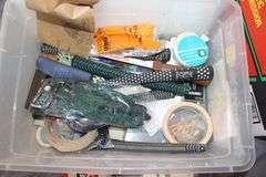 (2) Yard Sticks, Golf Club Grips, Mens Small and Womens Large Golfing Gloves, Peg Board Pegs, Fabric, Claw Hammer, Ribbon, Crafting Supplies, and Misc.