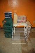 Wicker Coffee Table, Folding Shoe Rack, 4 Drawer Plastic Container, 2 Tier Rack, 4 Tier Rack, and 7 Drawer Cart on Wheels