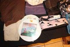 Lawn Food and Drink Table, Coach Purse, Guess Purse, Handbags, Toiletry Bags, Towels, and Misc.