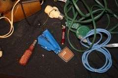 (2) Claw Hammers, Belden Electrical Wire, Electrical Cord, Abrasive Blade, Weatherstrip Tape, Lights, and Misc.