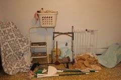Step Stool, Walker, Brooms, Cane, Sheets, Door Gate, Towels, Plunger, and Misc.