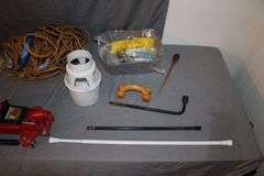(4) Power Strips, Pittsburgh 2 Ton Jack, Jumper Cables, Electrical Cords, Fan, C-Clamp, Zip Ties, Tire Tool, and Misc.