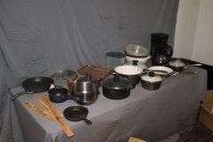 6.5 Inch Number 3 Cast Iron Skillet, Calphalon Skillet, (2) Coffee Makers, Strainers, Pots with Lids, and Misc.