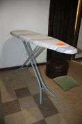 Tater Box, 4 Tier Shelf, 4 Tier Metal Shelf, Footstool, (2) Ironing Boards, and Pillow