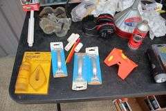 Oil Cans, Tape, Wire Wrap, Muffs, Boxes, Chalk Line Set, Door Handles, Funnel, and Misc.