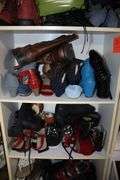 Womens Dress Shoes, Boots, and Misc. Women's Shoes, and (4) Wooden Cabinets