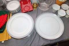 Glass Vases, Hot Plates, Hand Towels, Cookie Jar, Percolator, Bristol Cups, Plates, Saucers, Bowls, and Misc.