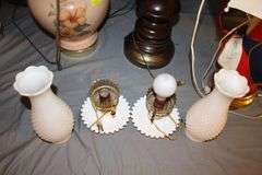 (2) White Lamps with Globes, (6) Lamps, (2) Wooden Base Lamps, and Golf Bag Lamp