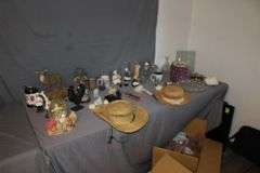 Grape Cookie Jar, Cast Iron Chicken, Deer Statue, Glass Display Frame, Vase, Figurines, and Misc.