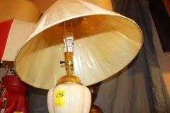 (2) White Lamps with Globes, (6) Lamps, (2) Wooden Base Lamps, and Golf Bag Lamp
