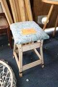 (4) TV Dinner Trays and Stand, Glass Top End Table, Step Stool, Metal Bottom Cushioned Stool, and Hanging Basket