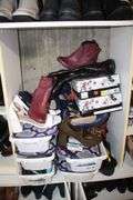 Womens Dress Shoes, Boots, and Misc. Women's Shoes, and (4) Wooden Cabinets