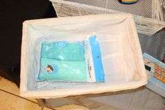 Door Beads, Frog Decorations, Plastic Toolbox, Step Stool, Vases, Pitcher, Lined Wicker Basket, Cleaning Supplies, and Misc.