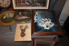 Ship Wheel Clock, Framed Pictures, Clock, and Misc. Wall Hangings