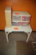 Wicker Coffee Table, Folding Shoe Rack, 4 Drawer Plastic Container, 2 Tier Rack, 4 Tier Rack, and 7 Drawer Cart on Wheels