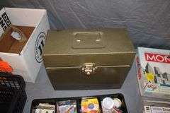 Metal Box, Monopoly Board Game, Extension Cords, Envelopes, (2) Plastic Baskets, Paint Roller, Office Supplies, and Misc.