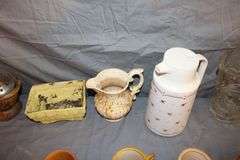 Santa Claus Mugs, Candy Dish, Glass Pitcher, Fondue Pot, Cake Mold, Candle Holders, Peculator, Canisters, and Misc.
