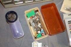 Sewing Thread, Gorilla Glue, Plastic Bolt Bin, Buttons, Table Cloths, Sewing Machine Parts, Gift Tags, and Misc.