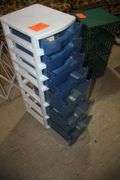 Wicker Coffee Table, Folding Shoe Rack, 4 Drawer Plastic Container, 2 Tier Rack, 4 Tier Rack, and 7 Drawer Cart on Wheels