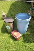 Sunbeam Grill, Rubbermaid Trash Can, Gott Cooler, and Simply 10.5 Gallon Metal Trash Can