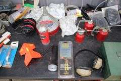 Oil Cans, Tape, Wire Wrap, Muffs, Boxes, Chalk Line Set, Door Handles, Funnel, and Misc.
