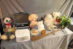 Sears Typewriter, Bear Stuffed Animals, Cat Figurine, Artificial Flowers and Flower Pot, Febreze Air Freshener, and Misc.