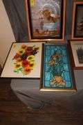 Various Sized Framed Pictures and 2-Tier Shelf