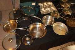 Farberware Skillets, Cuisinart Stainless Pots with Lids, Baking Pans, Metal Strainer, and Pyrex Baking Dish Carrier