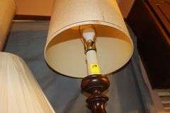 (2) White Lamps with Globes, (6) Lamps, (2) Wooden Base Lamps, and Golf Bag Lamp
