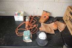 Box of Ear Plugs, Shop Light, Knee Pads, Tool Belts, and Downspout Strainer