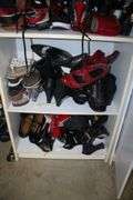 Womens Dress Shoes, Boots, and Misc. Women's Shoes, and (4) Wooden Cabinets