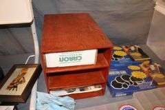 (2) Plastic Covered Trays, Plastic Bins, Plastic Tote, White Plastic End Table, Super Sliders, 3 Drawer Cubby, Fabric, and Misc.