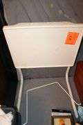 (2) Plastic Covered Trays, Plastic Bins, Plastic Tote, White Plastic End Table, Super Sliders, 3 Drawer Cubby, Fabric, and Misc.