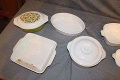 Corningware 12 oz. Baking Dishes, Pyrex Baking Dish with Lid, Glass Pyrex Baking Dish, Fire King Baking Dish, Thermos, and Misc.