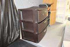 4 Piece Sterilite Plastic Containers, 3 Drawer Plastic Container, 3 Drawer Sun-cast Plastic Container, (2) Waste Baskets, 4 Drawer Plastic Container on Wheels, 3 Drawer Sterilite Storage Chest, and 3 Section Cubby Rack