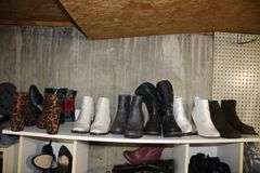Womens Dress Shoes, Boots, and Misc. Women's Shoes, and (4) Wooden Cabinets