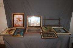 Various Sized Framed Pictures and 2-Tier Shelf
