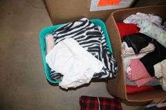 Belts, Blankets, Fabric, 2 Drawer Plastic Container, Sterilite Single Drawer Container, Wash Cloths, and Misc.